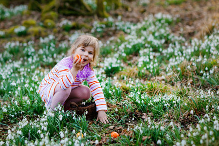 Little girl in pink dress making egg hunt in spring forest on sunny day, outdoors. Cute happy child with lots of snowdrop flowers and colored eggs. Springtime, christian holiday concept.の写真素材