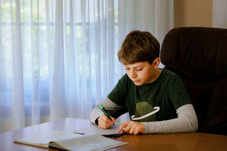 Hard-working happy school kid boy making homework during quarantine time from corona pandemic disease. Healthy child writing with pen, staying at home. Homeschooling conceptの写真素材