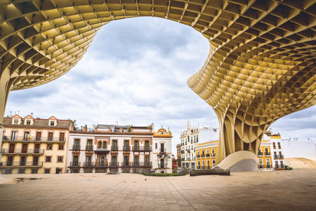 Metropol Parasol wooden structure located in the old quarter of Seville, Spain. Empty place without people.の写真素材