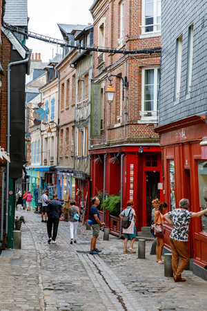 HONFLEUR, FRANCE - August 23, 2022: View of the picturesque city of Honfleur old streets and houses.のeditorial素材