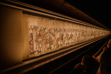 BAYEUX, FRANCE - AUGUST 25, 2022 Detail of the Bayeux Tapestry depicting the Norman invasion of...