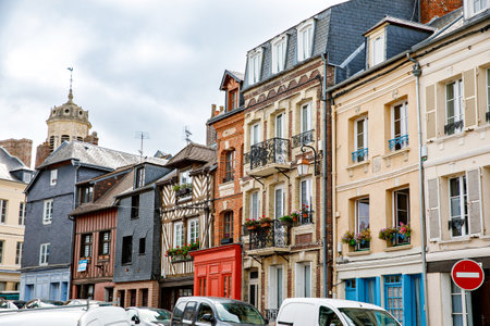 HONFLEUR, FRANCE - August 23, 2022: View of the picturesque city of Honfleur old streets and houses.のeditorial素材