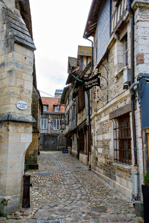 HONFLEUR, FRANCE - August 23, 2022: View of the picturesque city of Honfleur old streets and houses.のeditorial素材