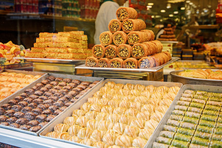 Wide range of sweets at the Grand Bazaar in Istanbul, Turkey. The historical market is a popular tourist destination and one of oldest markets in the world.の写真素材
