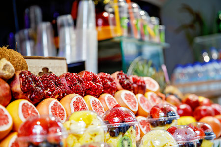 Fresh pomegranate and oranges at the Grand Bazaar, Istanbul. Flatlay view of orange, pomegranate, lemon, grapefruit filtered imageの写真素材