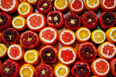 Fresh pomegranate and oranges at the Grand Bazaar, Istanbul. Flatlay view of orange, pomegranate, lemon, grapefruit filtered imageの写真素材