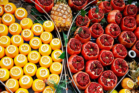 Fresh pomegranate and oranges at the Grand Bazaar, Istanbul. Flatlay view of orange, pomegranate, lemon, grapefruit filtered imageの写真素材