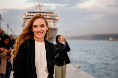 Woman travel in Istanbul near Hagia Sophia famous islamic Landmark mosque, Travel to Istanbul, Turkey background.の写真素材