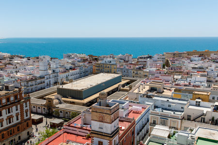 Aerial panoramic view of the old city rooftops and Cathedral de Santa Cruz in the afternoon from tower Tavira in Cadiz, Andalusia, Spainの写真素材