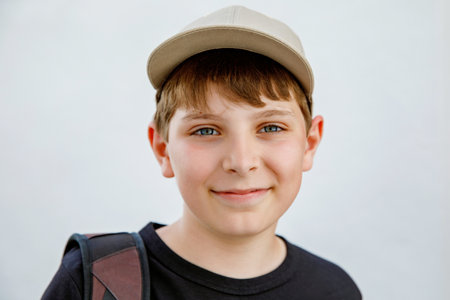 Portrait of preteen school kid boy. Beautiful happy child looking at the camera. Schoolboy smiling. Education concept.の写真素材