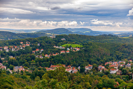 The city of Eisenach in Thuringia, Germany, view from above, from castle Wartburg.の写真素材