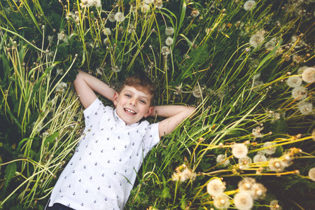 Adorable cute school boy laying on grass on a dandelion flower field the nature in the summer. Happy healthy beautiful child with blowball, having fun. Bright sunset light, active kid.の写真素材