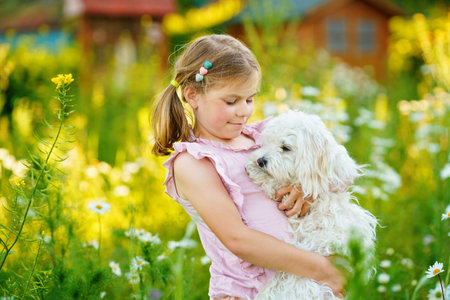 Adorable cute little girl and her puppy on the nature in the summer. Happy school child with glasses holding Maltese dog, having fun with playing. Bright sunset light, active kid.の写真素材