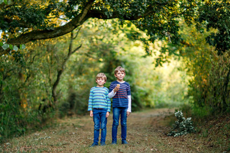 Portrait of little school kids boys sitting in forest. Happy children, best friends and siblings having fun on warm sunny day early autumn. Twins and family, nature and active leisure.の写真素材