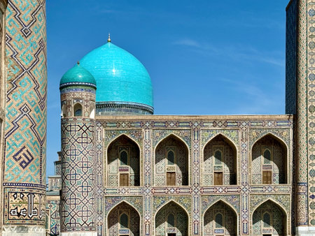 Mosque at Registan, an old public square in the heart of the ancient city of Samarkand, Uzbekistan.の写真素材