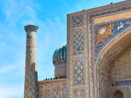 Mosque at Registan, an old public square in the heart of the ancient city of Samarkand, Uzbekistan.の写真素材