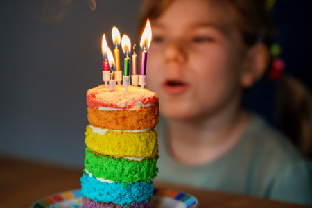 Happy little preschool girl celebrating birthday. Closeup of child with homemade rainbow cake, indoor. Happy healthy toddler blowing six candles on cake. Selective focus on cakeの写真素材