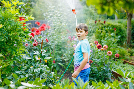 Beautiful little school kid boy watering garden flowers with water hose on summer day. Happy child helping in family garden, outdoors, having fun with splashingの写真素材