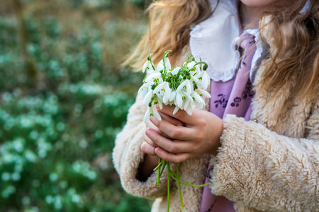 Portrait of cute little school girl holding snowdrop flowers on field in park or forest on a spring day. Little kid exploring nature. Outdoor activities for childrenの写真素材