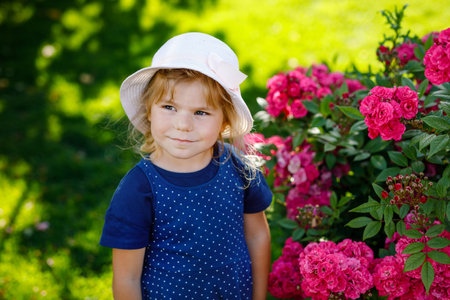 Portrait of little toddler girl in blossoming rose garden. Cute beautiful lovely child having fun with roses and flowers in a park on summer sunny day. Happy smiling baby.の写真素材