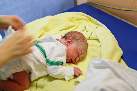 Newborn child seconds and minutes after birth. Doctor hands with new born baby. Medical check up of health and reflexes of child. New life, beginning, healthcareの写真素材