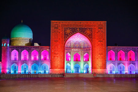 Colorful Registan square in Samarkand, Uzbekistan. Samarqand by night.の写真素材