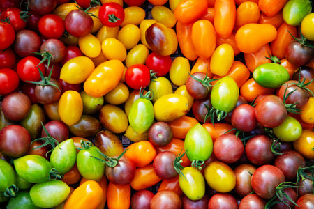 Delicious red, yellow, green and orange tomatoes on summer market tray. Fresh organic vegetables from agriculture farm. Natural healthy food background concept.の写真素材