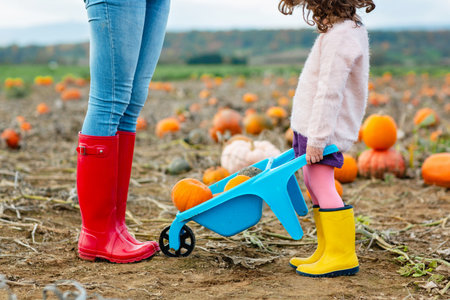 Close-up of young woman and her little kid girl daugher in rainboots. Woman in red gum boots, child in yellow shoes. On pumpkin field, outdoors.の写真素材