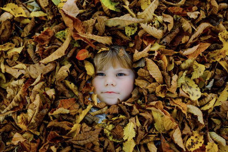 Fall Portrait of Little Toddler Girl in Autumn Park on Warm October Day with Oak and Maple Leaf....
