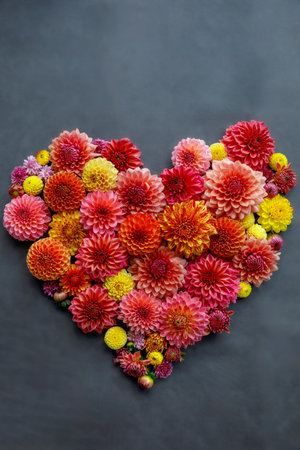 Background with heart of different pink, orange and yellow Dahlia flowers. Colorful dahlia garden flowers, wallpaper backdrop. Blossoming dalias bloom.の写真素材