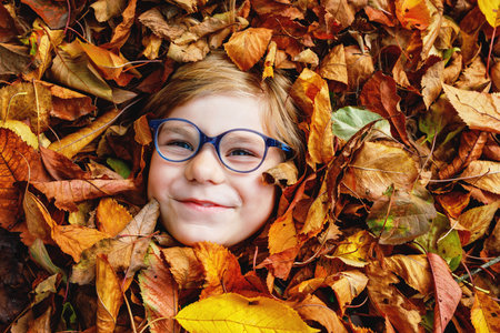 Autumn portrait of little preschool girl in autumn park on warm October day with oak and maple leaf. Child with lots of leaves. Family outdoor fun in fall.の写真素材