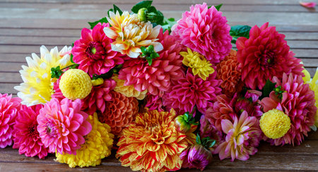 Different pink, orange and yellow Dahlia flowers. Colorful dahlia garden flowers, wallpaper...