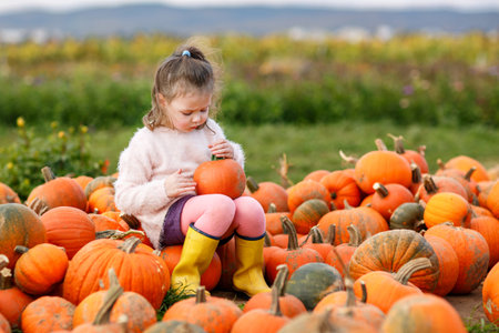 Little preschool girl on pumpkin patch with lots of pumpkins in autumn field. Happy child enjoying harvest season outdoors. Real life, real peopleの写真素材