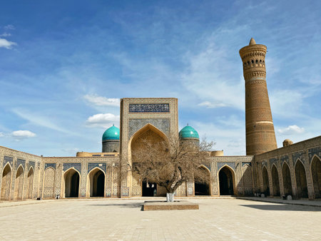 Bukhara, Uzbekistan Aerial view of Kalan Minaret Emir and Alim Khan madrasah of Po-i-Kalan - islamic religious complexの写真素材