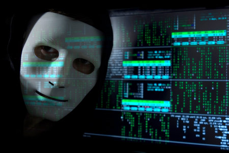 A man in a mask on the background of binary code.