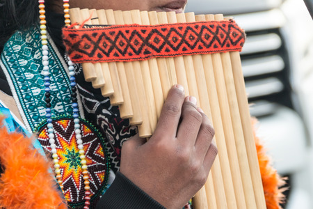 The hand of a street musician in an Indian costume on an ethnic musical wind instrument made of bamboo.の写真素材