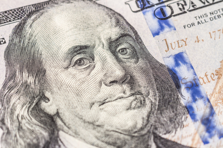 Super macro. Portrait of President Franklin on a hundred-dollar bill.の写真素材