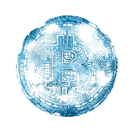 Gray-blue print bitcoin on white isolated background. For the design of virtual documents on the crypto currency. A square picture. Close-up.の写真素材