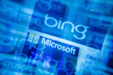 2019,1,28, USA, San Francisco, Macro. Abstract microsoft bing blue background. Photo with prism in the style of a kaleidoscope. Selective focus. Glitch, blurred monitor screen. Shallow depth of fieldのeditorial素材