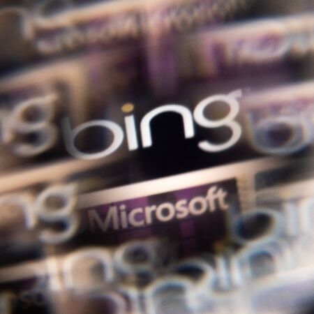 2019,1,28, USA, Detroit, Glitch effect of blurred breeding inscriptions Microsoft Bing. A macro of a computer screen with text in a kaleidoscope style. Selective focus. Shallow depth of field. Blur.のeditorial素材