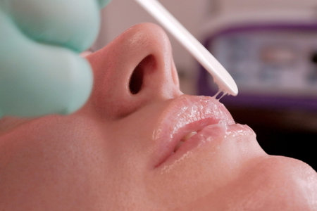 Lip augmentation with hyaluronic acid gel. Close-up of a beautician applying gel with a wooden...
