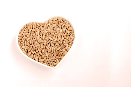 Wheat grains lie in a heart-shaped plate. Free space.の写真素材