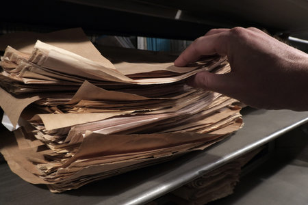 Archive of documents on the shelf. The man in the library. Close-up of a man's hand.