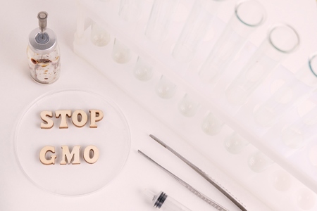Laboratory subjects: test tubes, flasks, nippers, syringe, tweezers, petri dish. The phrase STOP GMO written in wooden letters. The concept of combating genetically modified products.の写真素材