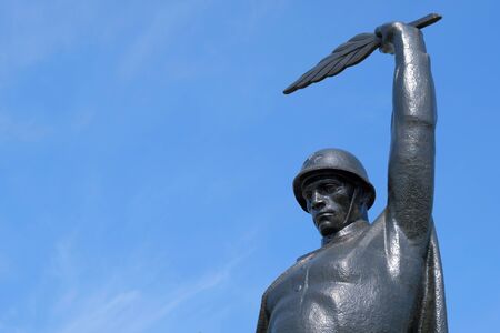 2019-05-09, Kazakhstan, Kostanay. Monument to the Soviet soldier of the Great Patriotic War. Hand with an ear raised to the sky. Symbol of victory over fascism. Copy space.のeditorial素材