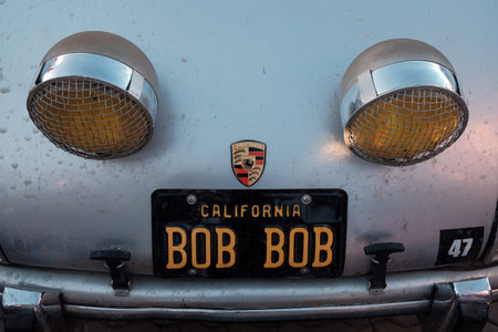Kazakhstan, Kostanay, 19-06-19, The emblem of a vintage car Porsche. Rally Peking to Paris.Close-up...