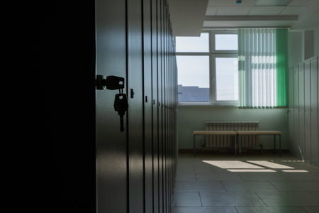 The key is in the lock of the outer door of the metal cabinet. Silhouette opposite a bright window....
