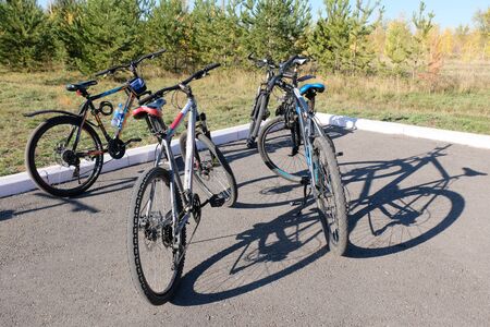Kostanay, Kazakhstan, 2019-10-06. Bike ride. Four bicycles stand on pavement near young autumn trees. Mass ride cyclists. The concept and promotion of sports and a healthy lifestyle.のeditorial素材