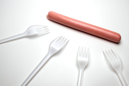 One sausage and four plastic forks on a white background. The concept of nutrition in a poor society. Environmental issue and the ban on plastic dishes. Hunger or lack of food. Copy space.の写真素材
