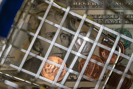 Portrait of a Jackson with twenty US dollars and coins under the bars of a shopping basket. The concept of discounts and sale. Criminal online or offline business or inflation, financial crisis.の写真素材